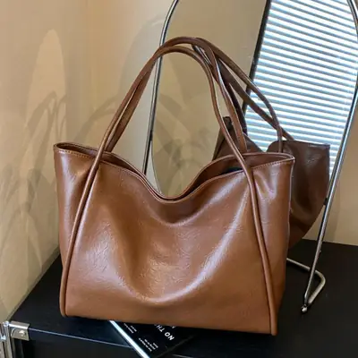 Women Large Capacity Leather Tote Bag Brown 2025