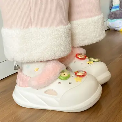 Black Cartoon Slippers with White Fur Trim for Women