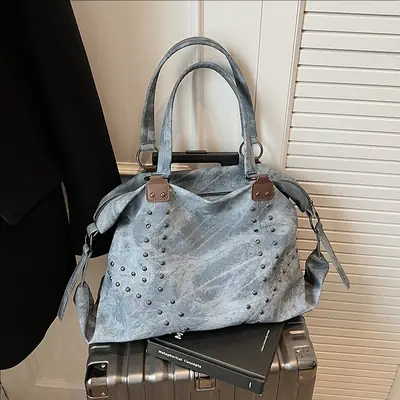 Women's Blue Rivet Tote Bag Large Capacity Shoulder Handbag