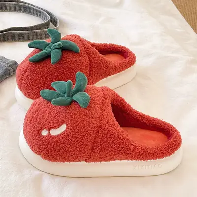 Women Winter Tomato Plush Slippers Red White