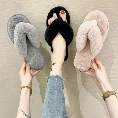 Cross-Border Slippers 2026 European and American Style Home and Outdoor Warm Cotton Slippers for Women, Non-Slip Plush Shoes