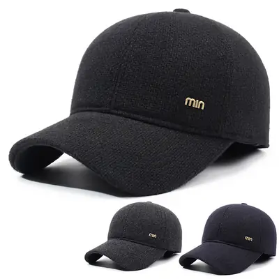 Men's Black Min Cap with Ear Protection for Winter