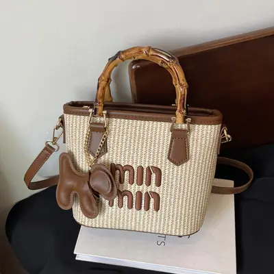 Women's Straw Bamboo Vegetable Basket Bag with Crossbody Strap