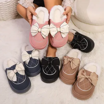 Bow-Knot Plush Cotton Slippers for Women, Autumn and Winter 2025 New Style, Indoor Home Use, Thick-Soled, Soft-Feel Cotton Slippers