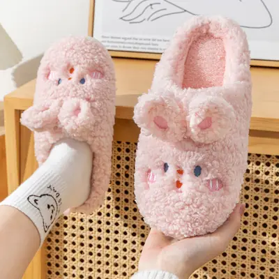 Women's Pink Rabbit Soft Cotton Slippers Winter Warm