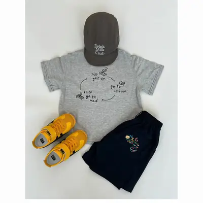Kids Summer Suit Gray T-Shirt Embroidered Shorts Yellow Sneakers