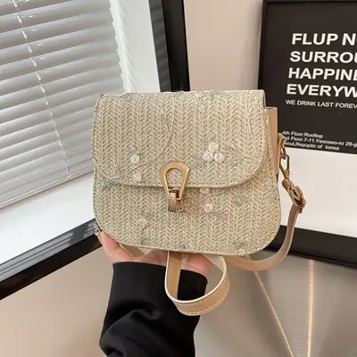 Women's Autumn Woven Shoulder Bag with Lace Flower Design
