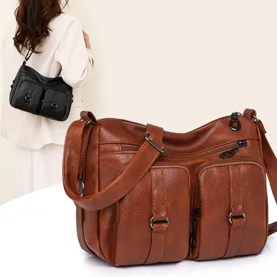 Brown Washed Leather Crossbody Bag for Women