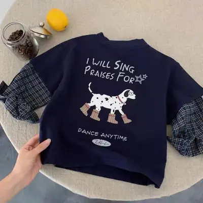 Kids Long Sleeve T-Shirt Cartoon Dog Design Navy Blue
