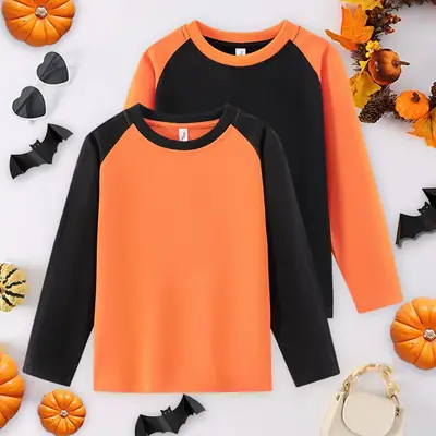 Halloween Long Sleeve T-Shirt for Boys Pure Cotton Black Orange