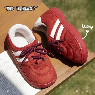 Women Winter Red Cotton Slippers with White Lining
