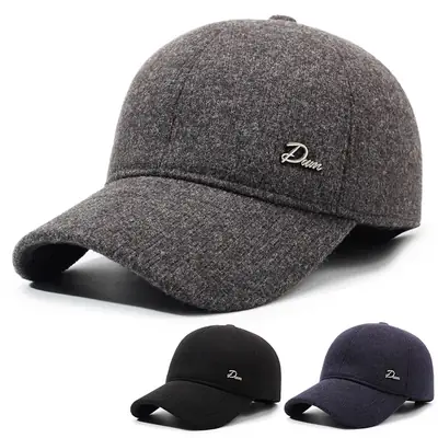 Men's Grey Wool Baseball Cap with Ear Protection