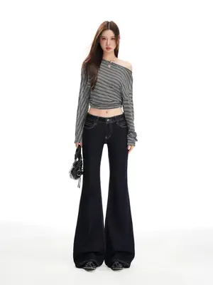 Dark Blue Micro-Flared Jeans Women 2025 Autumn