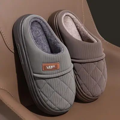Waterproof Cotton Slippers for Men in Autumn and Winter Home Warm Plush Non-Slip Leather Slippers Baotou Cotton Shoes for Men for Outer Wear