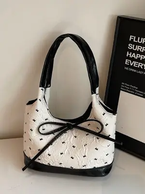 Women's Bowknot Embroidered Shoulder Bag White Black