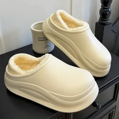 New Korean-Style Thick-Soled Outdoor Cotton Slippers for Women, Winter Warm Plush-Lined Eva Waterproof Closed-Back Cotton Slippers with Height Increase