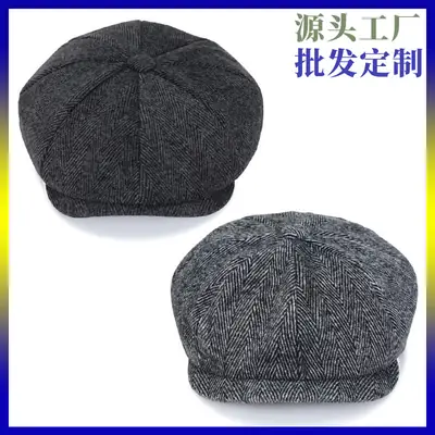 Men's Retro Black Herringbone Beret Hat