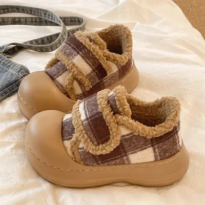 Women Winter Plaid Fleece Slippers Brown Thick Soled