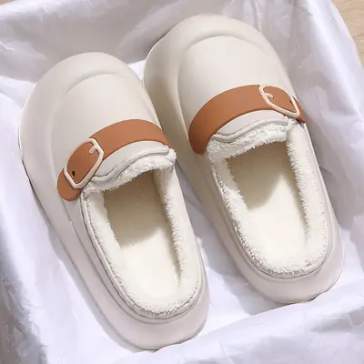 Women Cotton Embroidered Slippers White Brown 4.0 CM