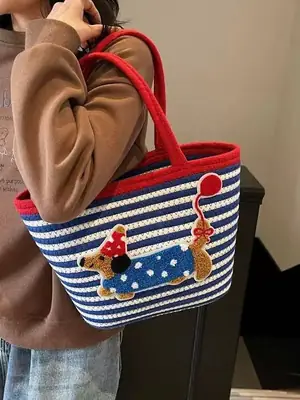 Cute Cotton Beach Bag Red Handles Cute Design