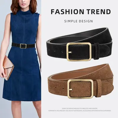 Black Square Buckle Suede Belt for Women