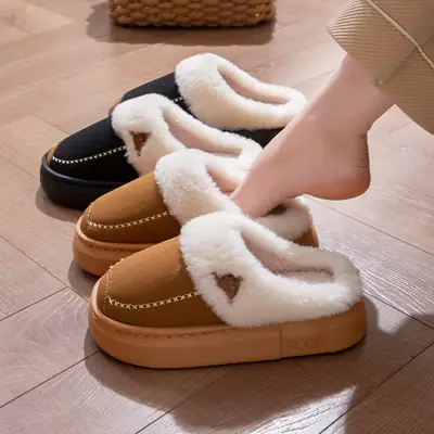 Women's Grey Cotton Slippers with Fleece Lining
