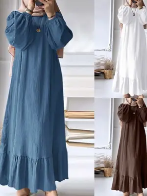 Muslim Women's White Long Robe with Ruffled Hem