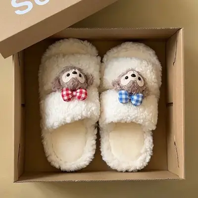 Cute Bear Cartoon Furry Cotton Slippers Women