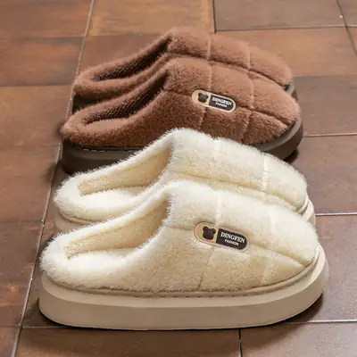 Women Cotton Checkered Slippers Winter Warm Indoor