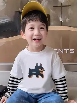 Boys Fake Two-Piece T-Shirt Black Striped Sleeve Korean Design