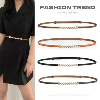 Women's High-End Leather Belt with Pearl Buckle