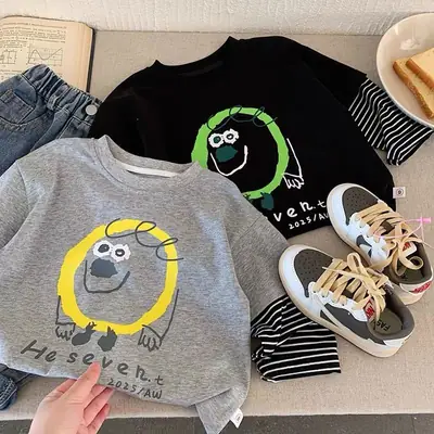 Boys Grey T-Shirt with Cartoon Design Spring Autumn 2025