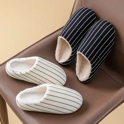 Winter Striped Cotton Slippers Cold Stick Warm Non-Slip