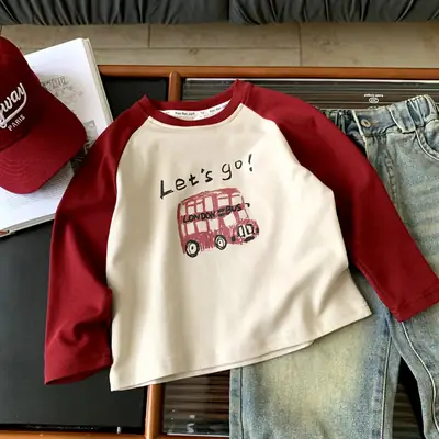 Boys Long Sleeve Cartoon T-Shirt Red Cream Kids