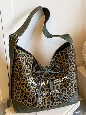 Retro Leopard Print Denim Tote Bag Double Sided Large Capacity