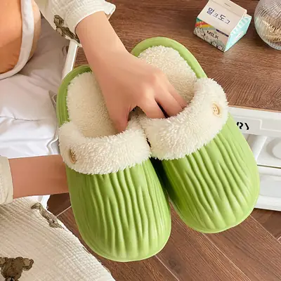 Removable Winter Warm Cotton Slippers for Men and Women at Home Waterproof Cute Indoor Shoes with Heel Furry Slippers
