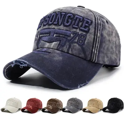 Men Distressed Red Sun Hat with Embroidered Logo