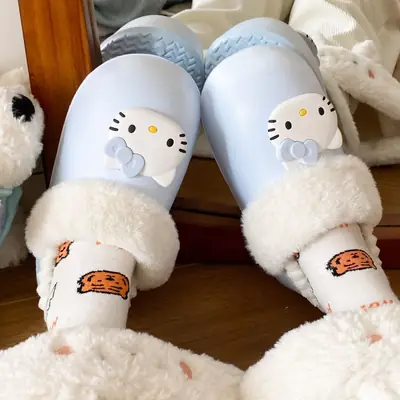 Winter Plush Cotton Slippers for Women Blue Hello Kitty