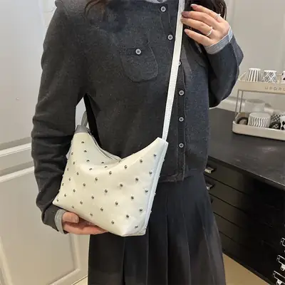White Rivet Crossbody Bag Women Office Commute