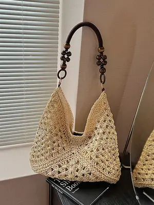 Women Straw Bag New Seaside Beach Cut Out Shoulder Tote