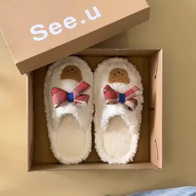 Winter Cute Furry Ribbon Bear Slippers Women