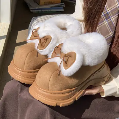 Women Warm Fur Lined Bow Sneakers Brown Winter