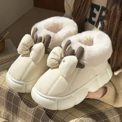 Women Winter Bow Fleece Slippers Black Warm PU