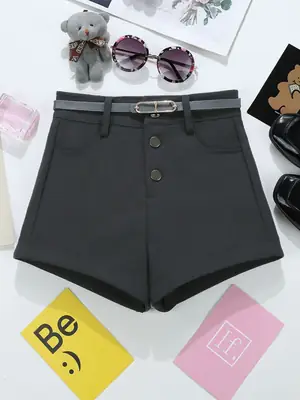 Women High Waist Button Shorts Black Belted