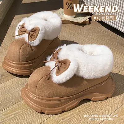 New Thick-Soled Cotton Slippers for Women in Winter Fleece-Lined to Heattech, Non-Slip and Comfortable Snow Boots, Bow-Knot Fur Slippers for Outer Wear