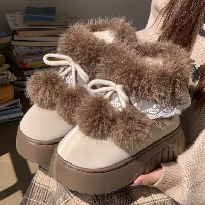 Women Warm Fur-Lined Snow Boots with Lace Edge