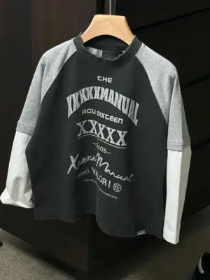 Children's Faux Two-Piece Long Sleeve T-Shirt Black Grey 2026