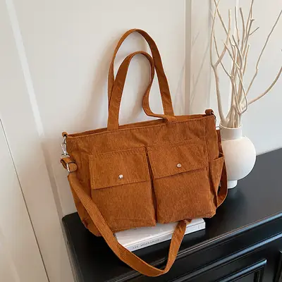 Korean Style Corduroy Tote Bag Large Capacity Brown