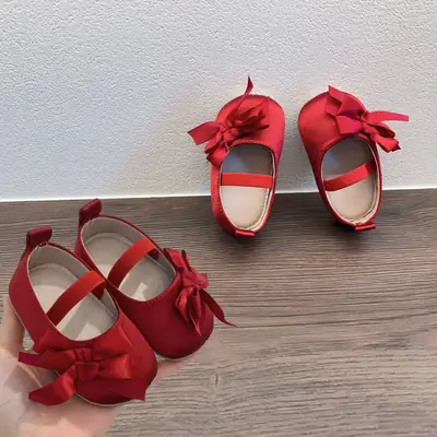 Christmas 0-1 Year Old Baby Shoes Wedding Festive Full Moon Soft Bottom Princess Shoes Bow Soft Bottom Soft Surface Toddler Shoes Anti