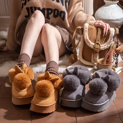 Women Winter Black Faux Fur Pom Pom Slippers